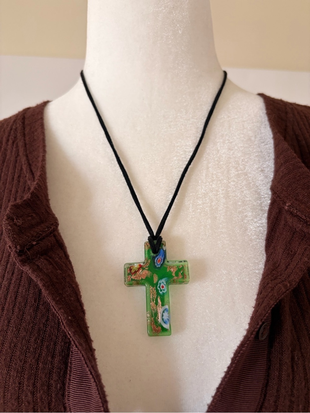 Green Cross Pendant Necklace - Handmade Millefiori Design